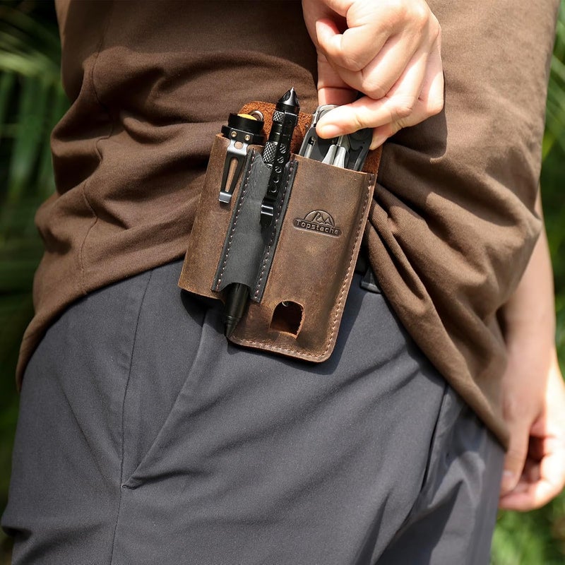 topstache Leather Multitool Sheath with Belt Clip - Multitool Holster for Belt - EDC Belt Organizer Fits, Flashlight, Pen - Leather Pouch - Holder, Dark Brown - Image 5